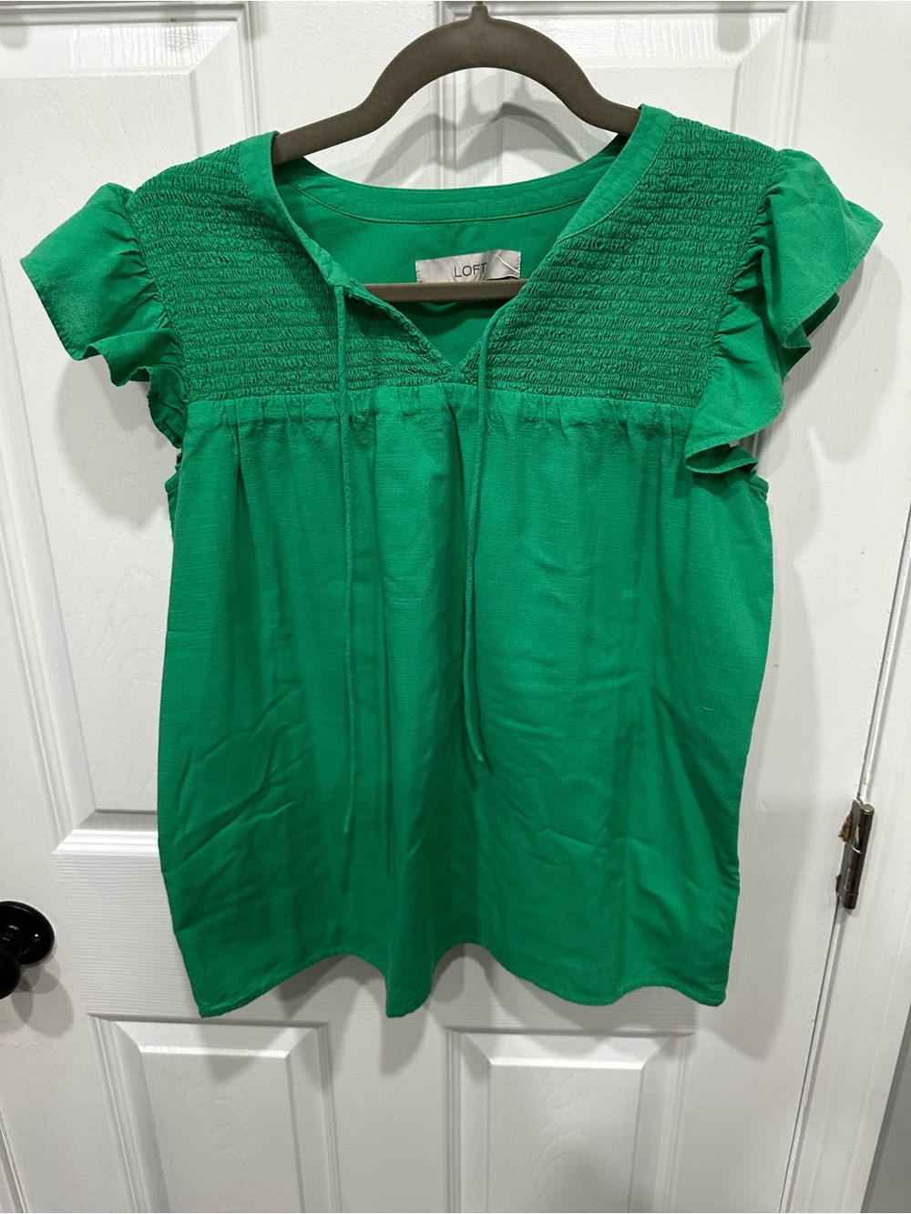 LOFT Emerald Green Smocked Flutter Sleeve Top